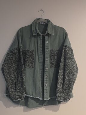 Sweet Love Olive Green Jacket with Leopard-Print Panels
